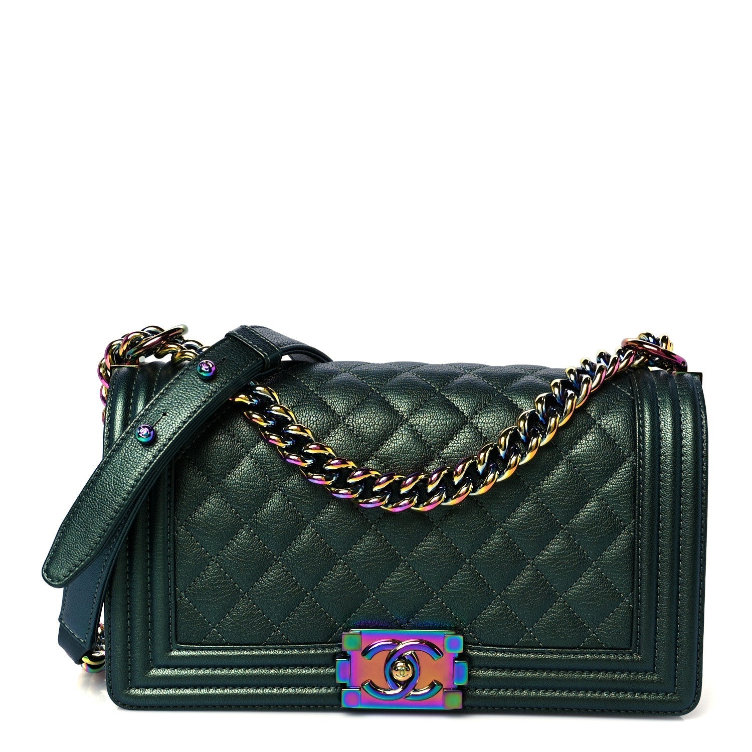 Chanel Iridescent Goatskin Quilted Medium Boy Flap Green