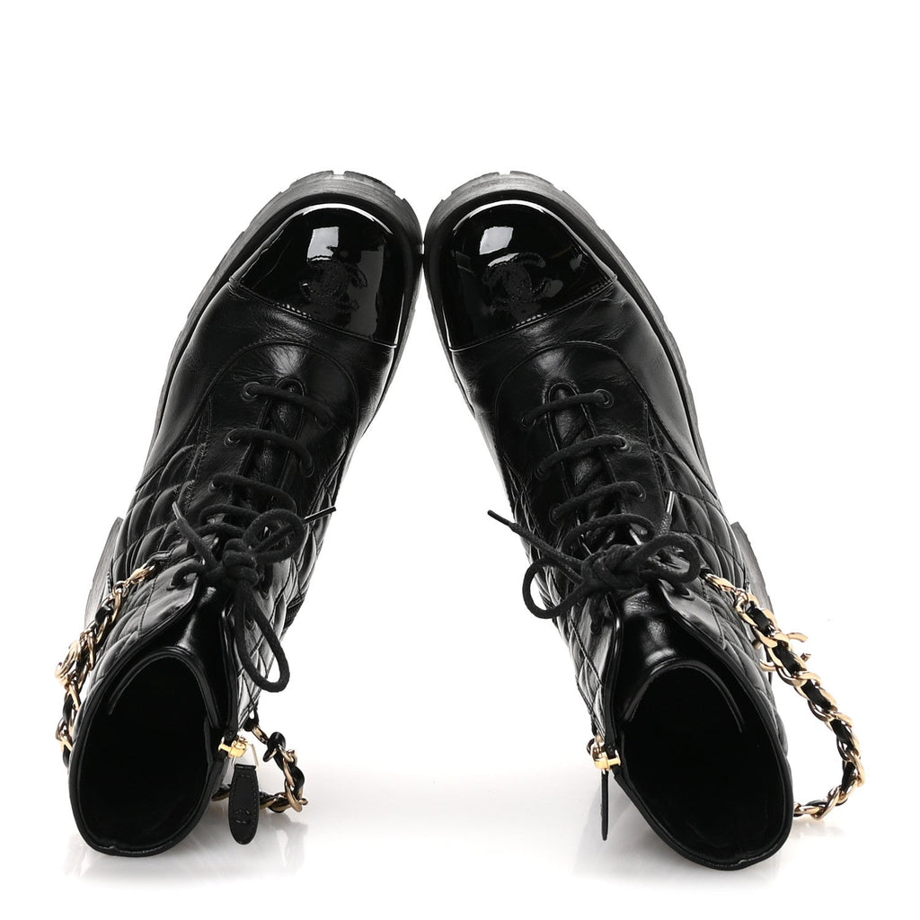 Chanel Shiny Calfskin Patent Quilted Chain Lace Up Combat Boots 40.5 Black