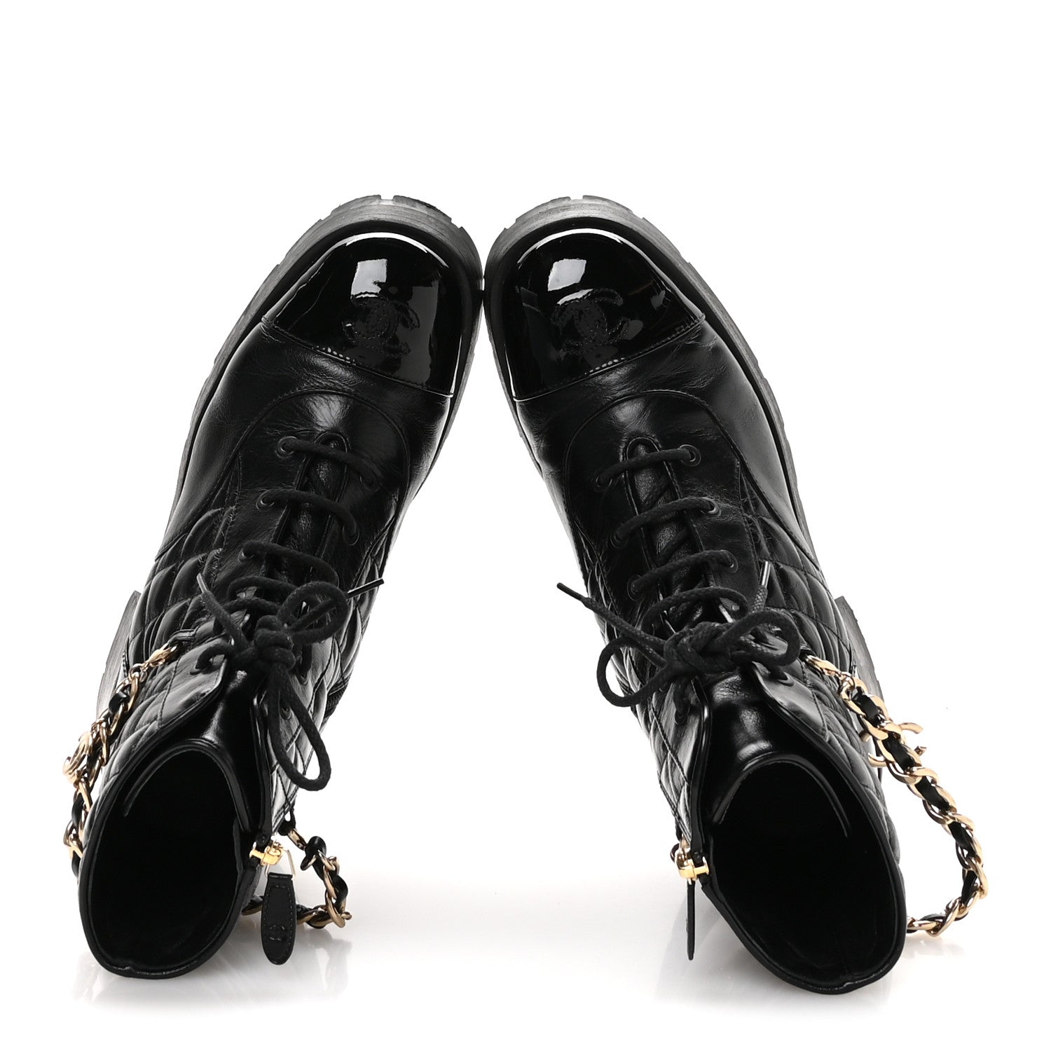 Chanel Shiny Calfskin Patent Quilted Chain Lace Up Combat Boots 40.5 Black