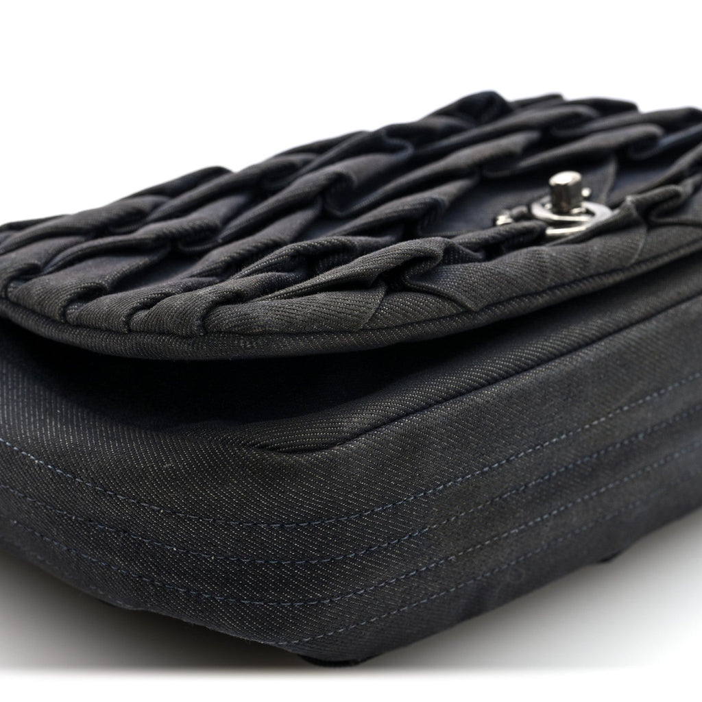 Chanel Denim Pleated Denim Turtle Flap Dark Blue
