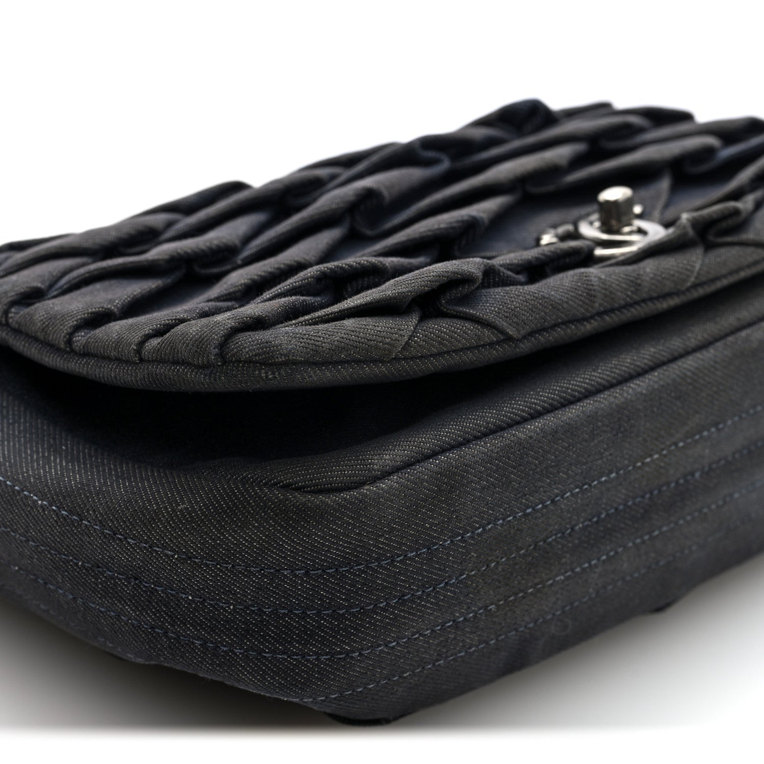 Chanel Denim Pleated Denim Turtle Flap Dark Blue