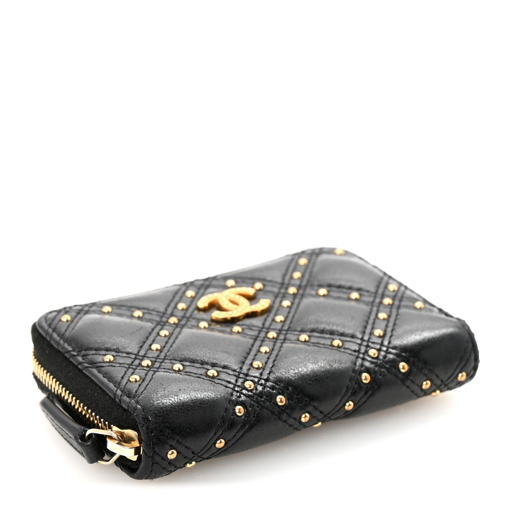Lambskin Studded Quilted Compact Zip Around Wallet Black
