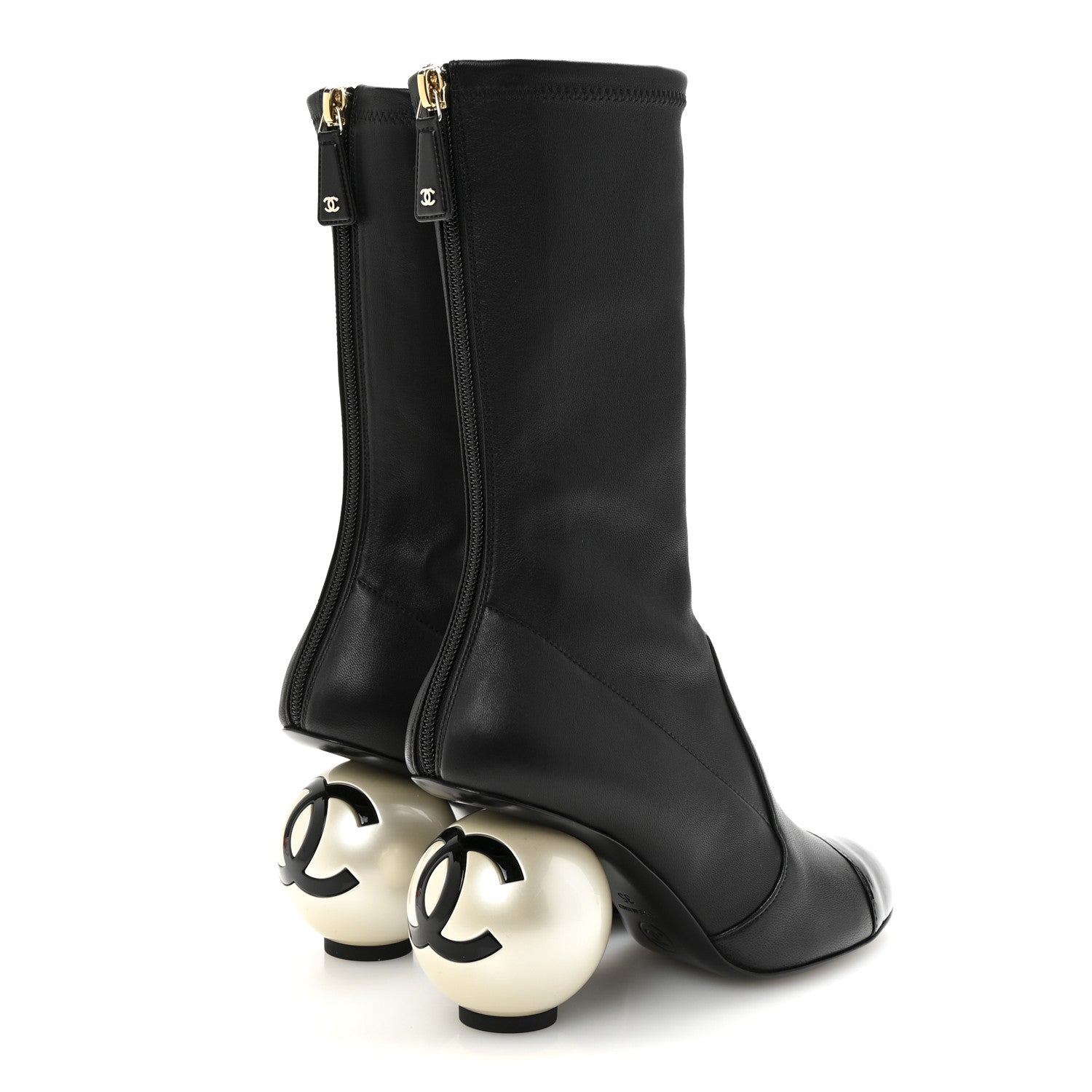 Chanel Stretch Lambskin Patent Cap Toe Pearl Ball Mid Calf Boots 35 Black
