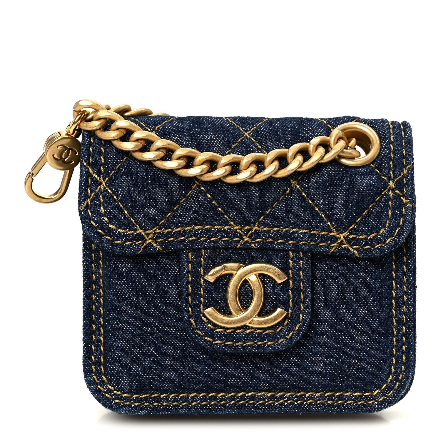 Chanel Denim Quilted Double You Flap Bag Charm Blue