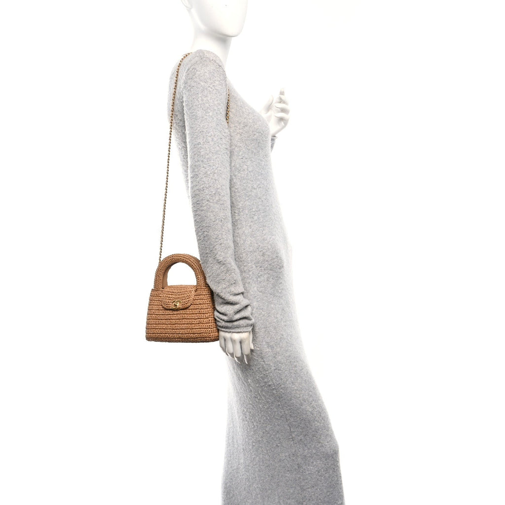 Chanel Braided Raffia Nano Kelly Flap Bag Dark Beige