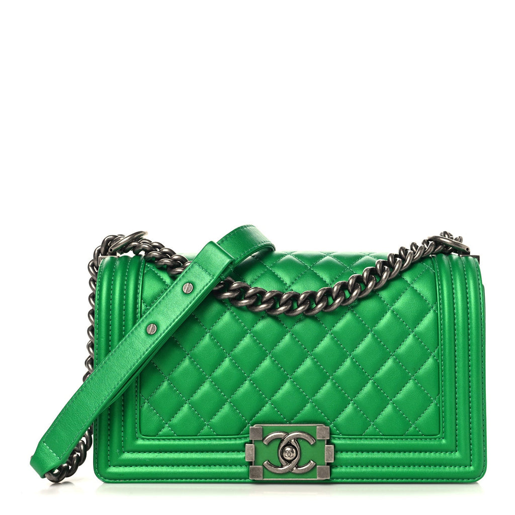 Chanel Metallic Calfskin Quilted Medium Boy Flap Green