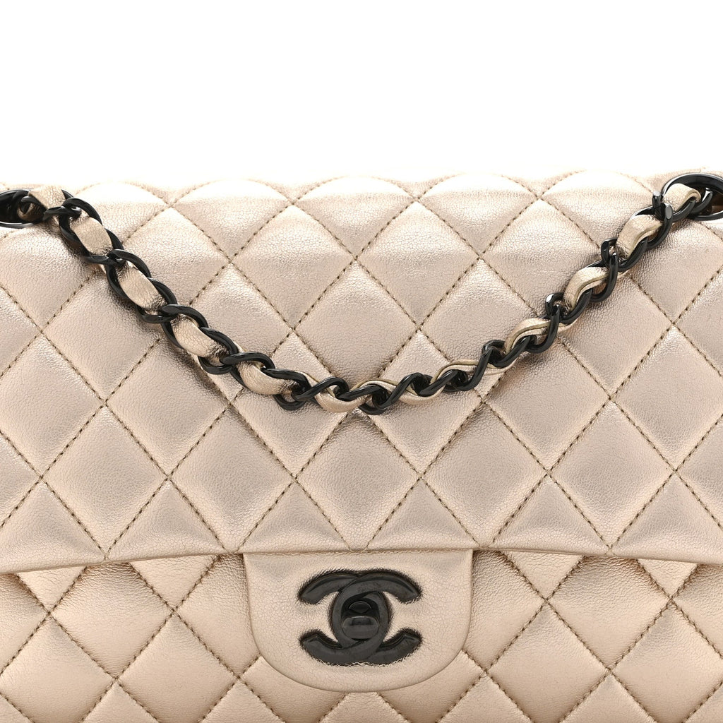 Chanel Metallic Lambskin Quilted Medium Double Flap Gold Black