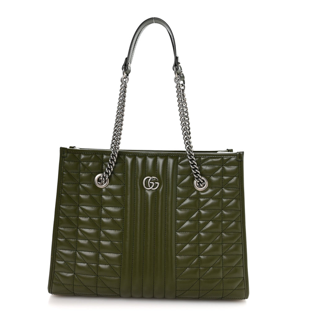 Gucci Calfskin Matelasse Aria Medium GG Marmont Shoulder Tote Military Wood