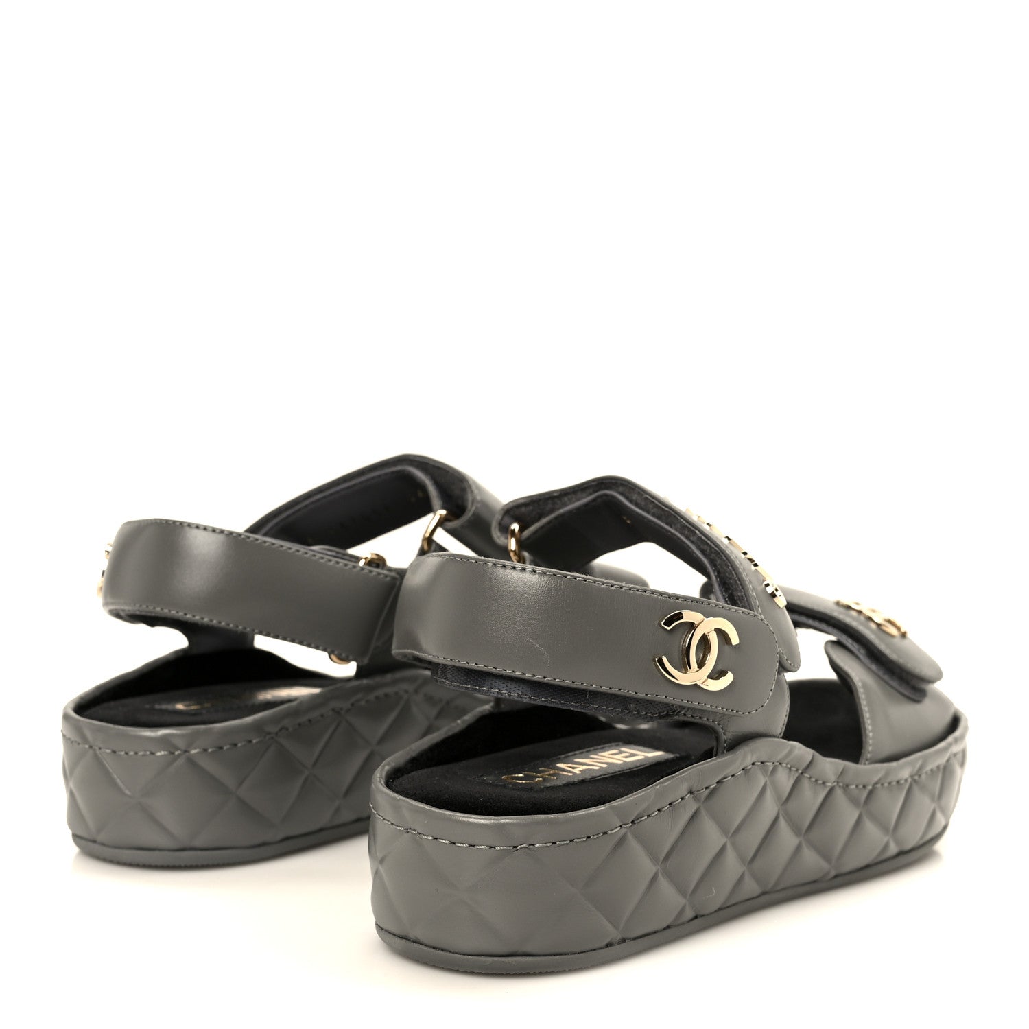 Chanel Shiny Calfskin Logo Platform Sandals 36 Grey
