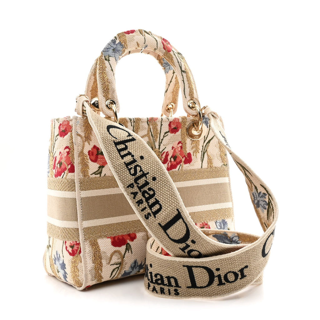 Christian Dior Canvas Embroidered Hibiscus Printed Medium Lady D-Lite Beige Multicolor