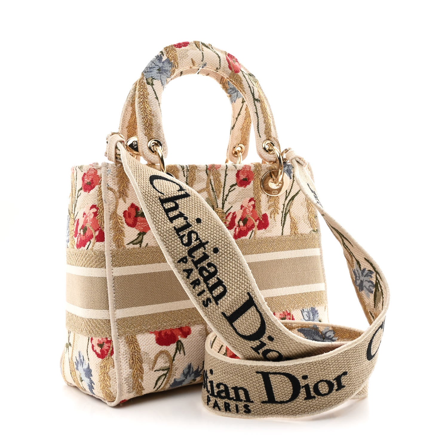 Christian Dior Canvas Embroidered Hibiscus Printed Medium Lady D-Lite Beige Multicolor