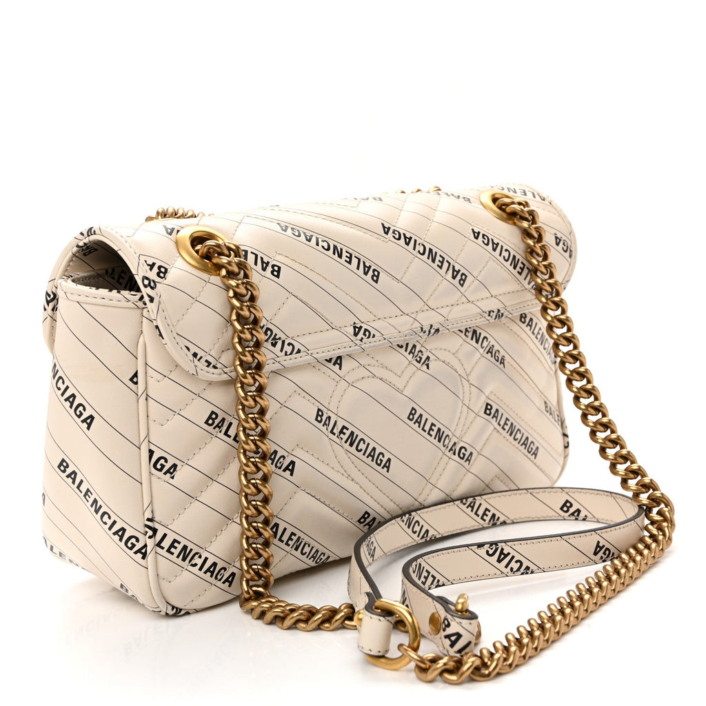 Gucci X BALENCIAGA Calfskin Matelasse Logo Print Small GG Marmont Shoulder Bag White