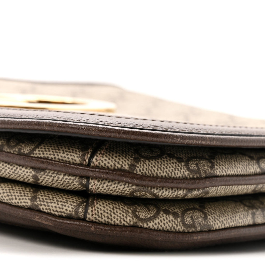 Gucci GG Supreme Monogram Textured Dollar Calfskin Web Medium Blondie Top Handle Shoulder Flap Bag Beige Ebony New Acero
