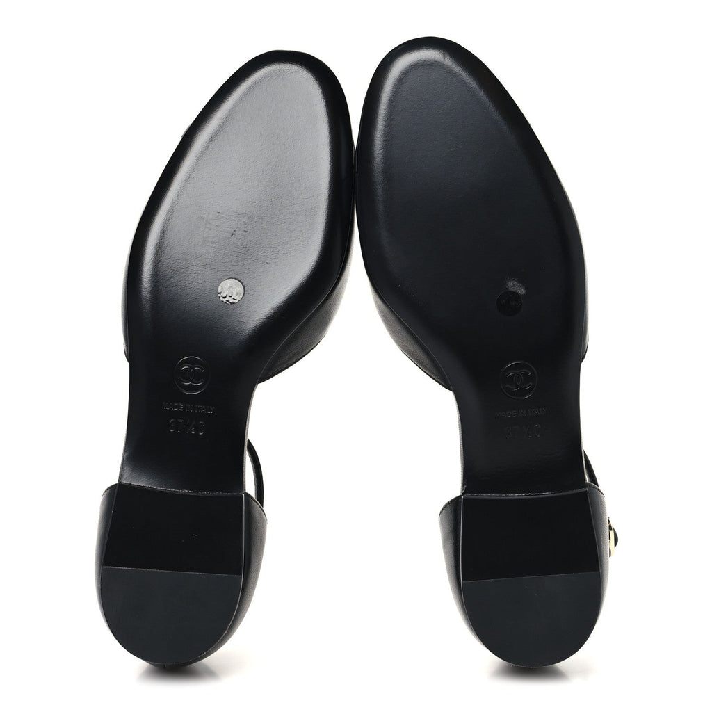 Lambskin Patent Calfskin Cap Toe Camellia Mary Jane Flats 37.5 Black