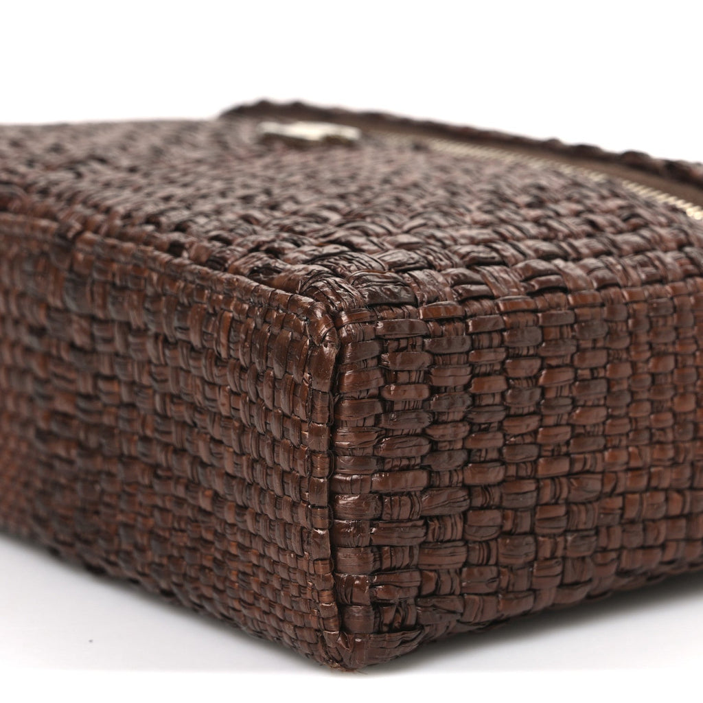 Chanel Braided Raffia Quilted Top Handle Slim Vanity With Chain Brown