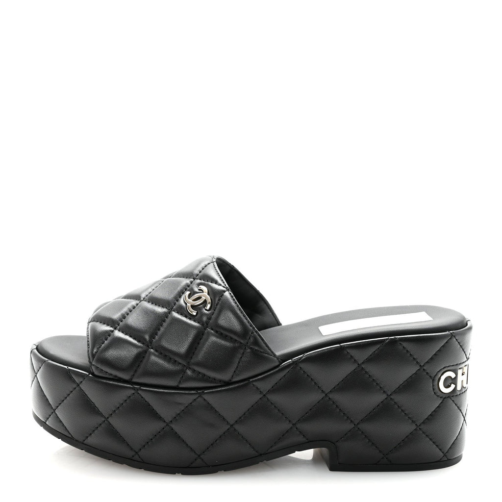 Lambskin Quilted CC Mules Wedge Sandals 37 Black