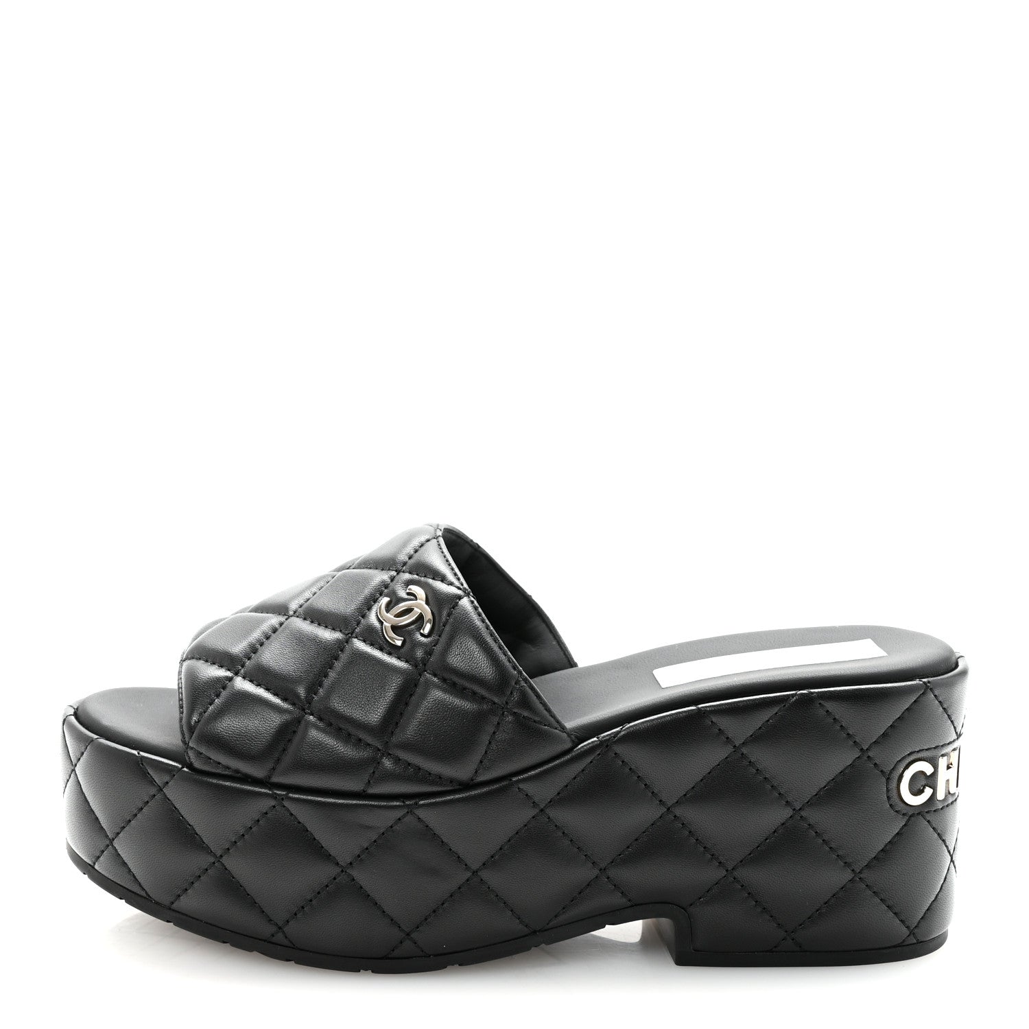 Lambskin Quilted CC Mules Wedge Sandals 37 Black