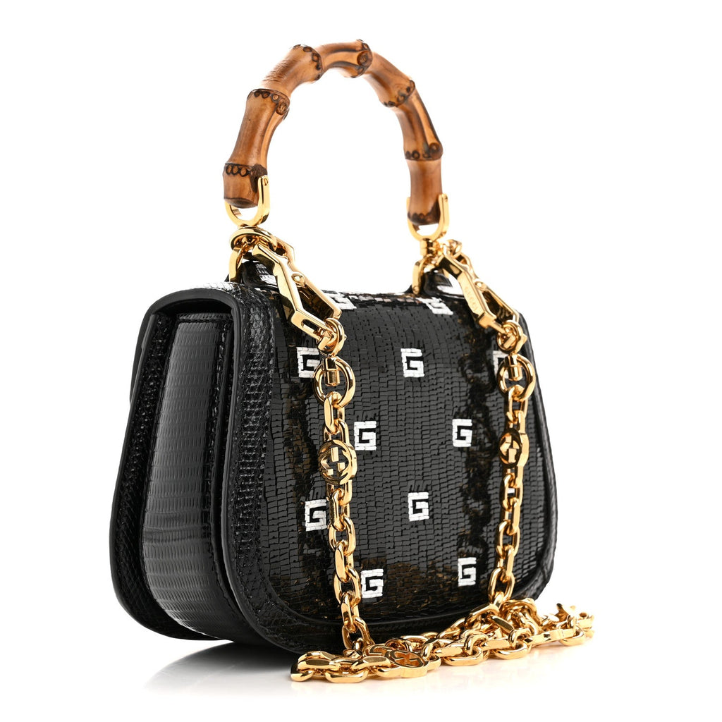 Gucci Sequin Lizard Embossed GG Mini Bamboo 1947 Top Handle Chain Bag Black White