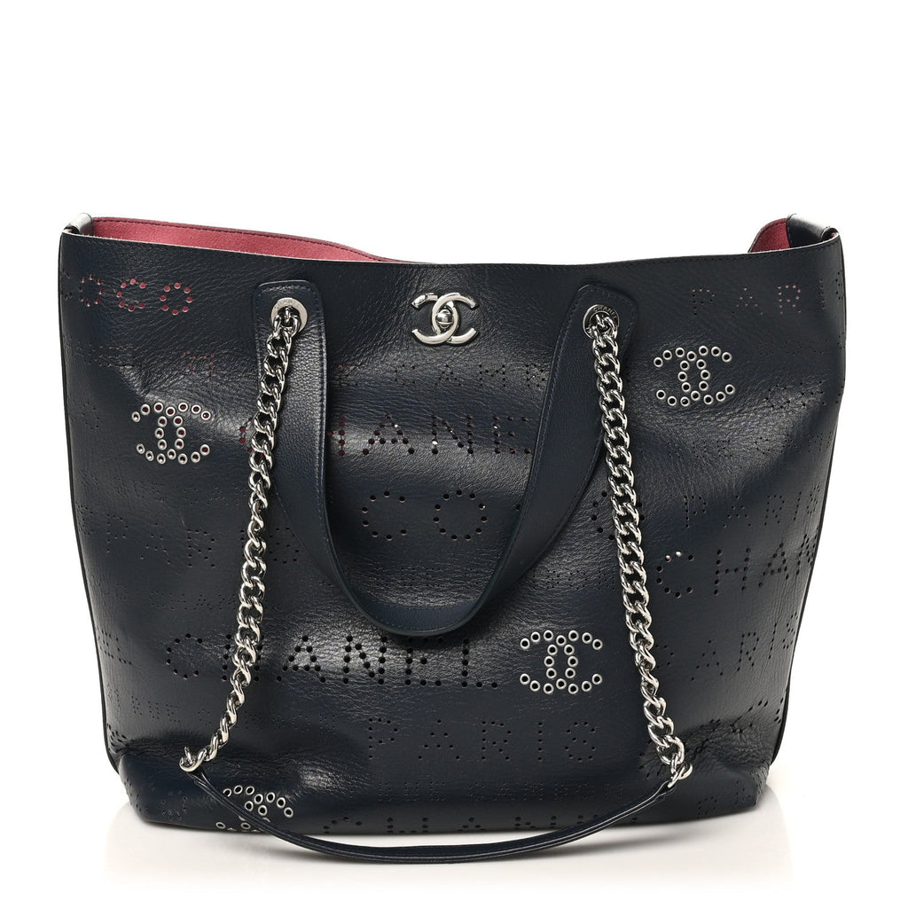 Chanel Calfskin Tweed Small Logo Eyelets Shopping Tote Navy Blue
