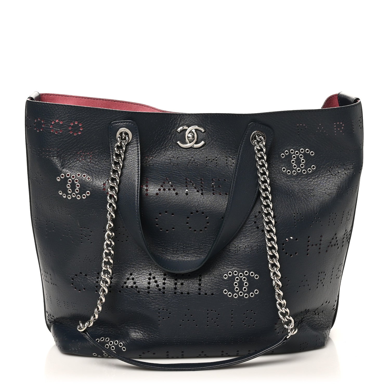 Chanel Calfskin Tweed Small Logo Eyelets Shopping Tote Navy Blue