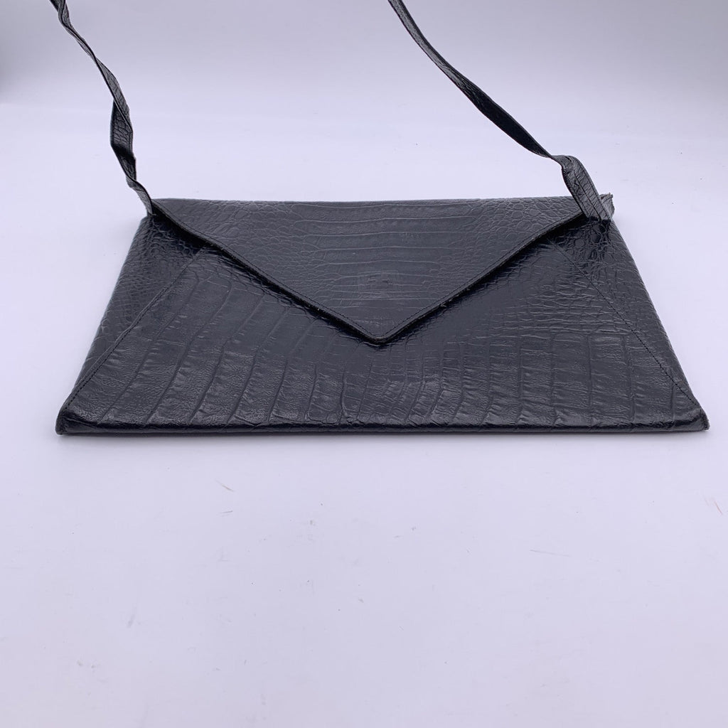 FENDI Vintage Black Embossed Portfolio Envelope Clutch Bag With Strap