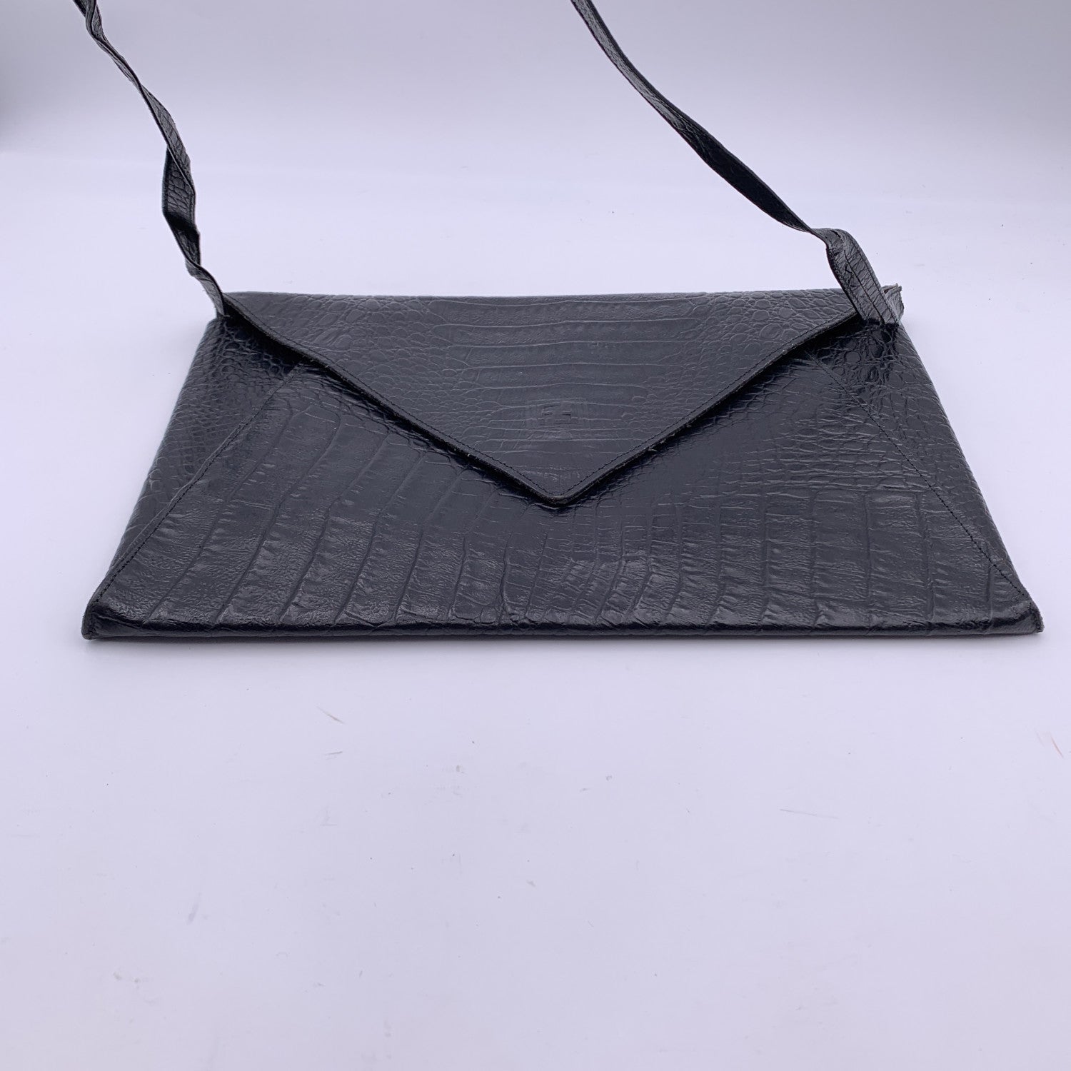 FENDI Vintage Black Embossed Portfolio Envelope Clutch Bag With Strap