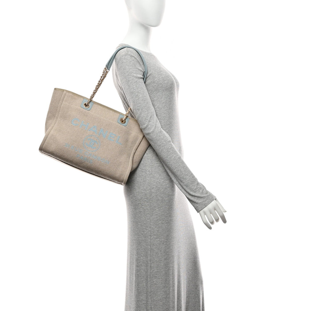 Chanel Mixed Fibers Calfskin Small Deauville Tote Grey Light Blue