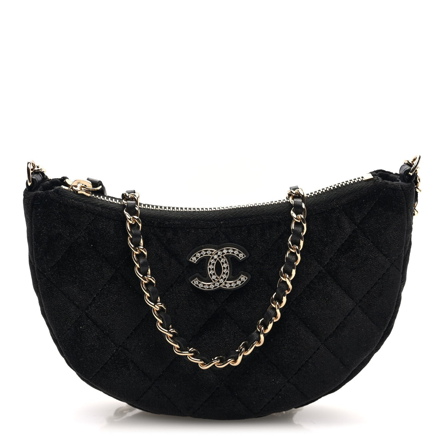 Chanel Velvet Crystal Quilted Chain Hobo Black