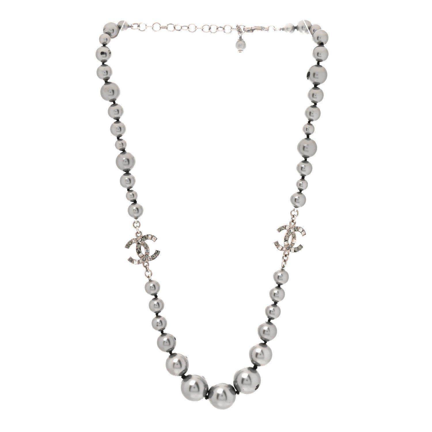 Crystal Baguette Graduated Pearl CC Short Necklace Silver Grey