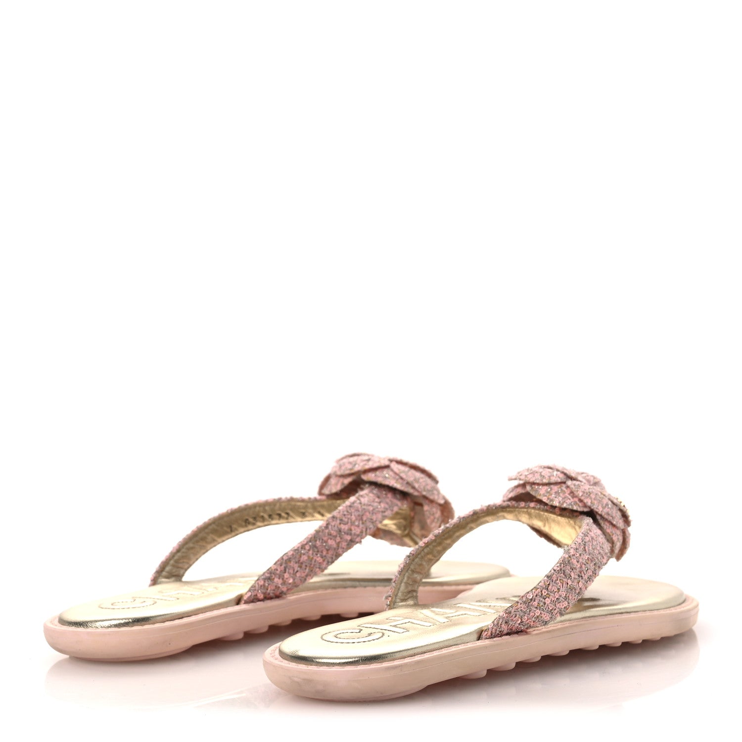 Chanel Tweed Camellia Thong Sandals 37.5 Salmon Apricot Gold