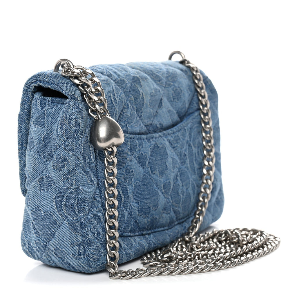 Chanel Denim Quilted Camellia Sweetheart Mini Flap Blue