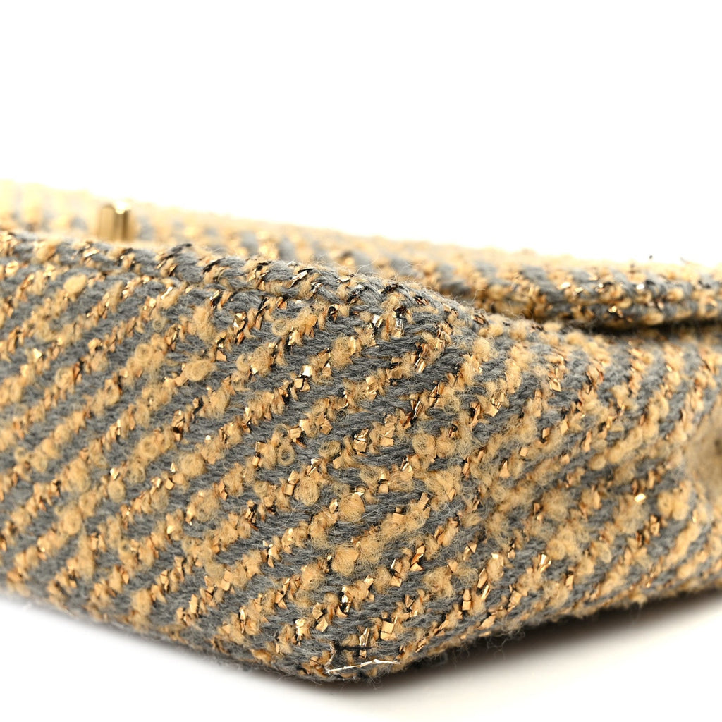 Chanel Metallic Tweed Quilted Medium Single Flap Beige Grey Gold