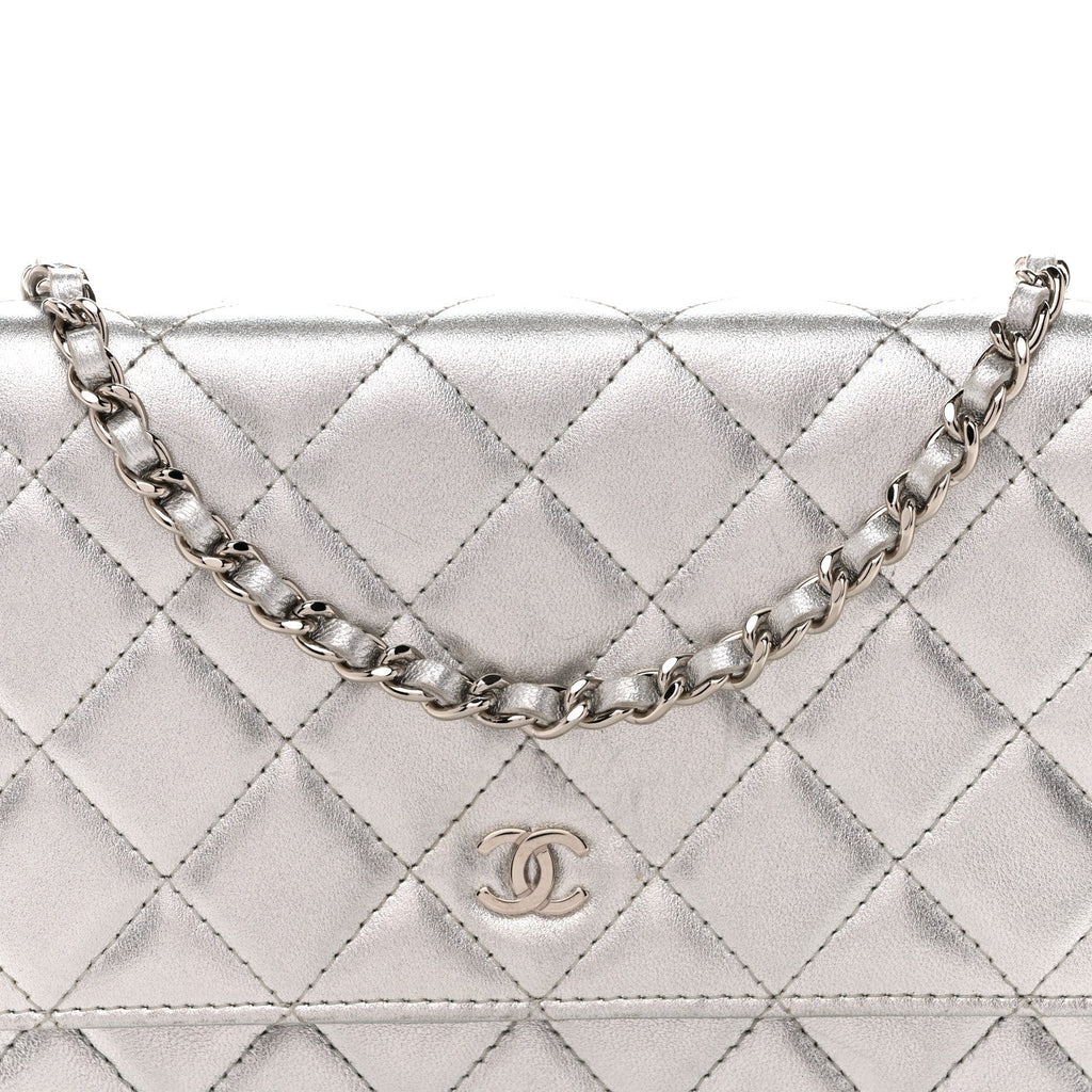Chanel Metallic Lambskin Quilted Wallet On Chain WOC Silver