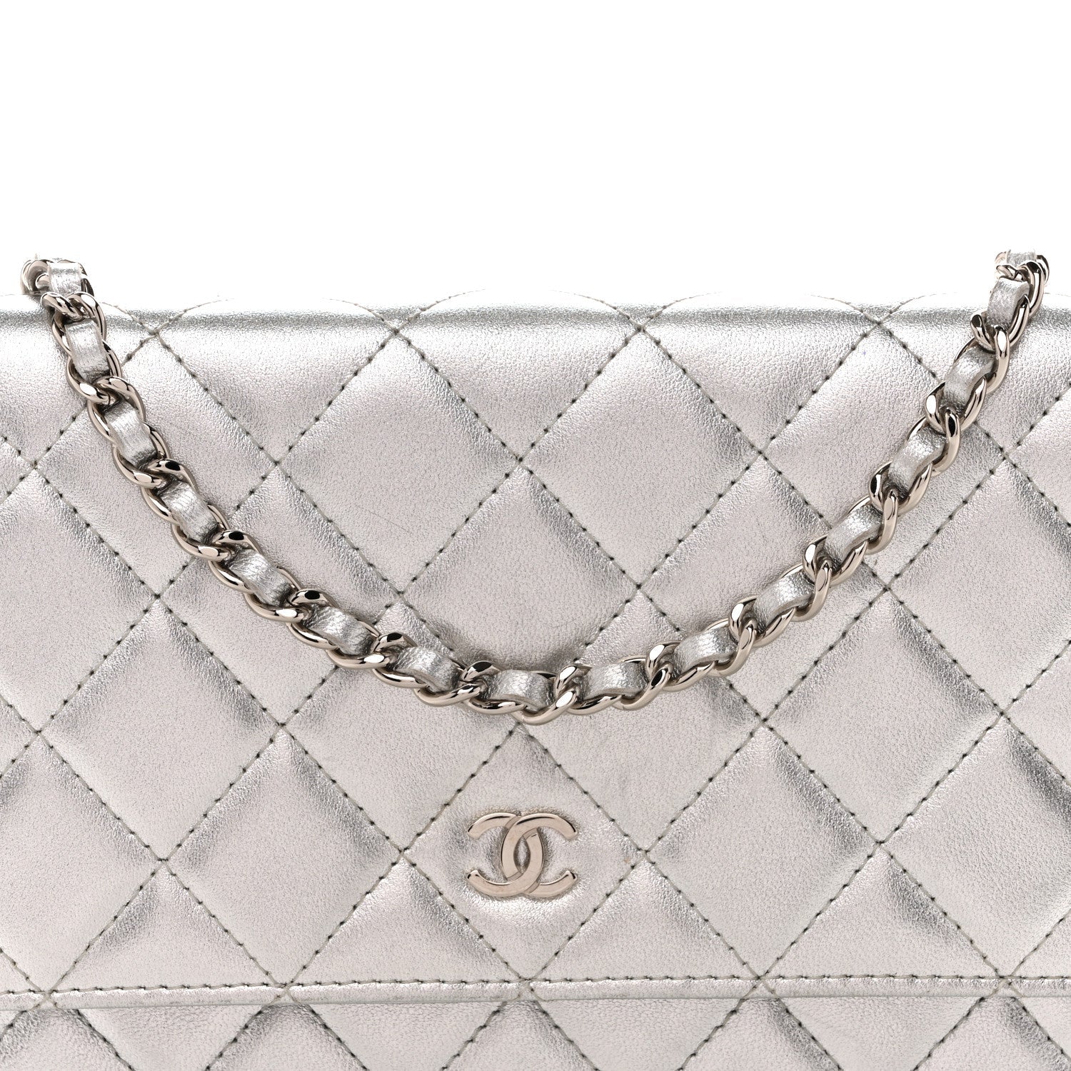 Chanel Metallic Lambskin Quilted Wallet On Chain WOC Silver