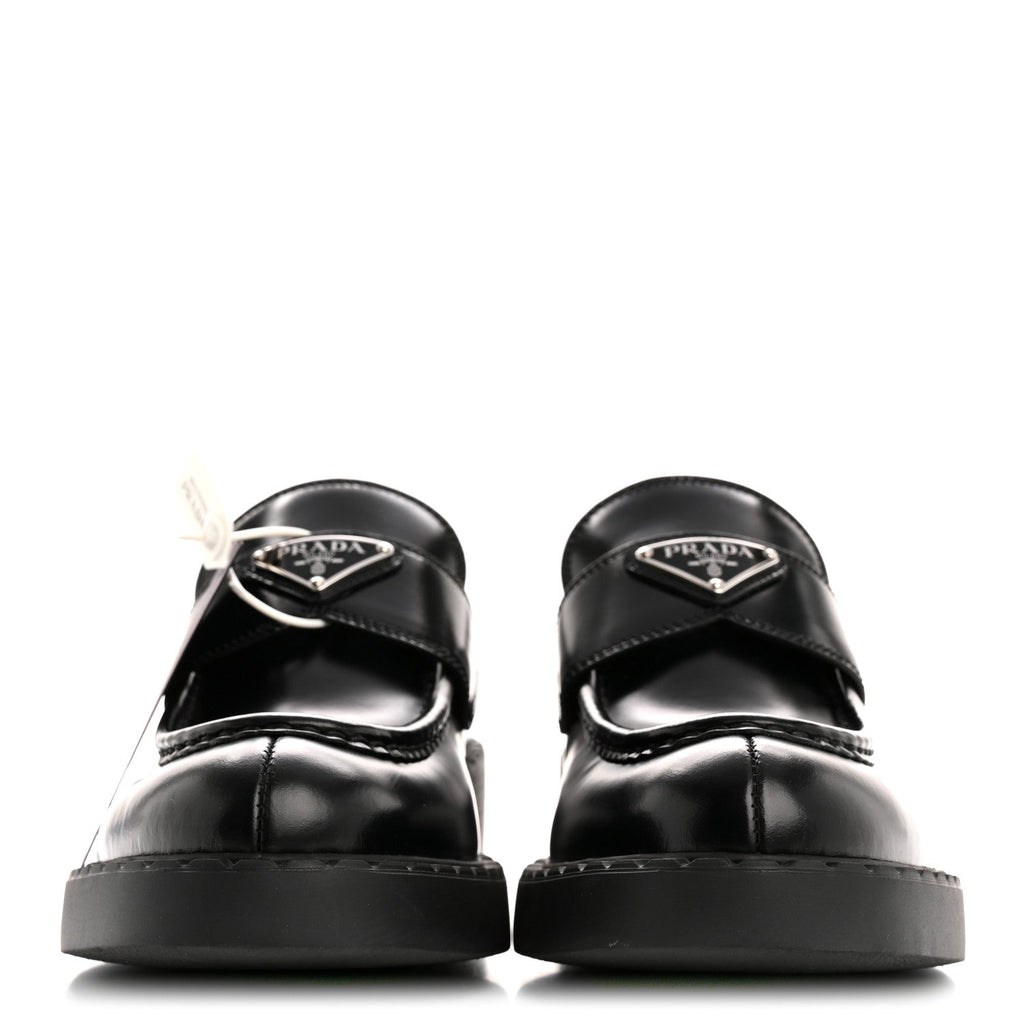 Prada Spazzolato Metal Triangle Logo 50mm Loafers 40.5 Black