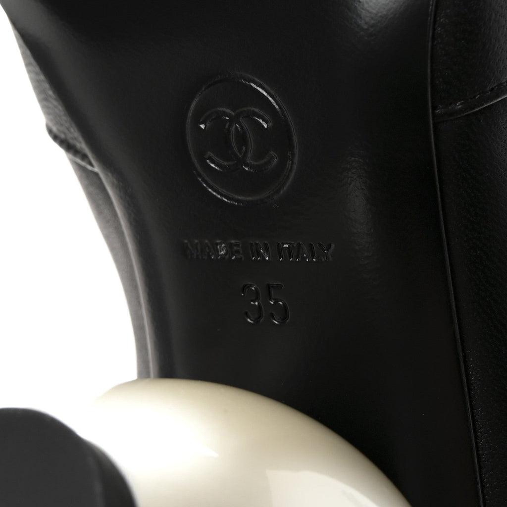 Chanel Stretch Lambskin Patent Cap Toe Pearl Ball Mid Calf Boots 35 Black