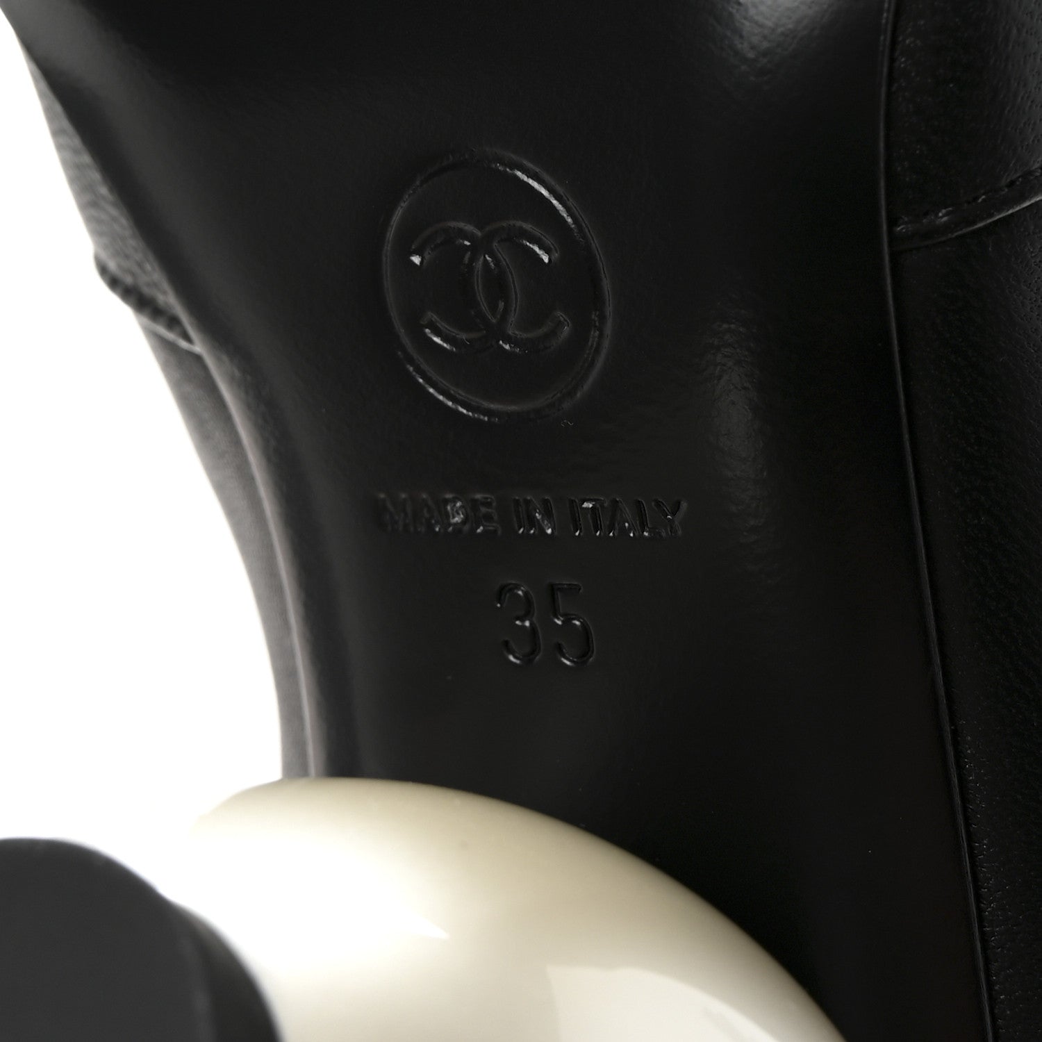 Chanel Stretch Lambskin Patent Cap Toe Pearl Ball Mid Calf Boots 35 Black