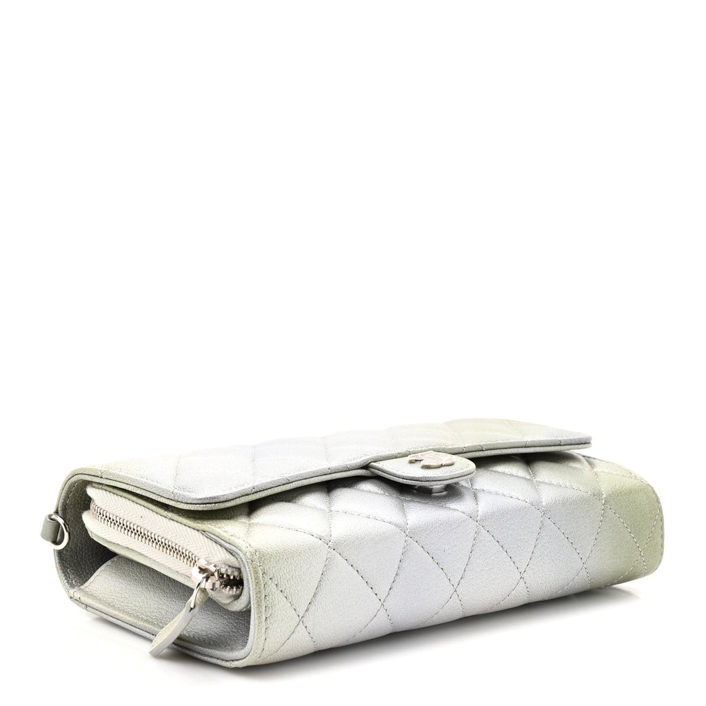 Chanel Metallic Goatskin Quilted Ombre Phone Holder Wallet on Removable Chain Grey Green