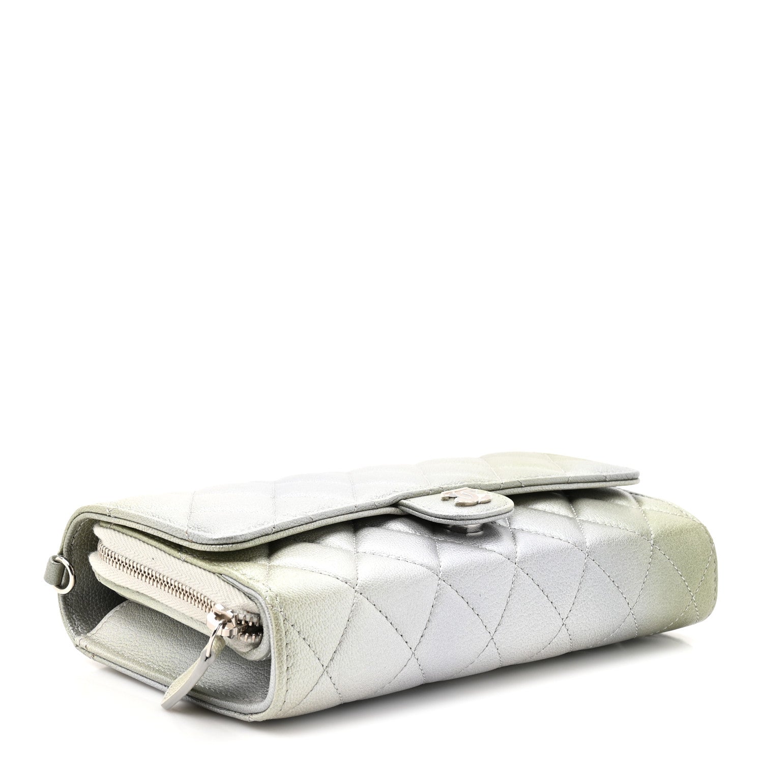 Chanel Metallic Goatskin Quilted Ombre Phone Holder Wallet on Removable Chain Grey Green