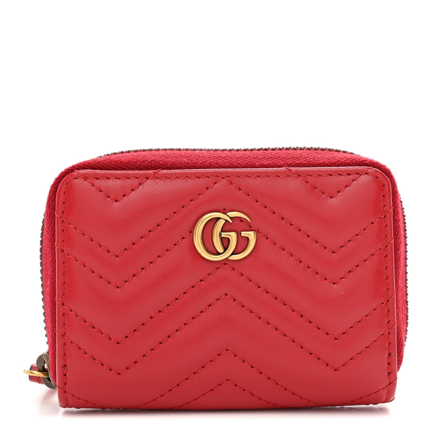 Gucci Calfskin Matelasse GG Marmont Zip Around Card Case Hibiscus Red