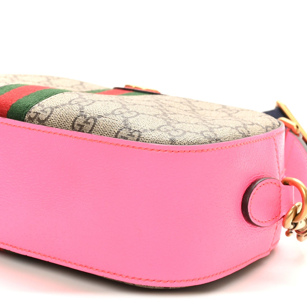 Gucci GG Supreme Monogram Textured Dollar Calfskin Web Ophidia Small Crossbody Bag Beige Ebony Fuchsia