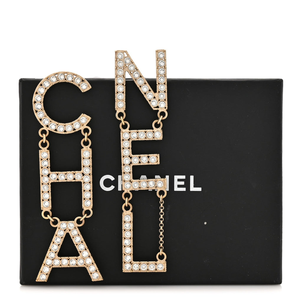 Crystal Cha-Nel Logo Drop Earrings Gold