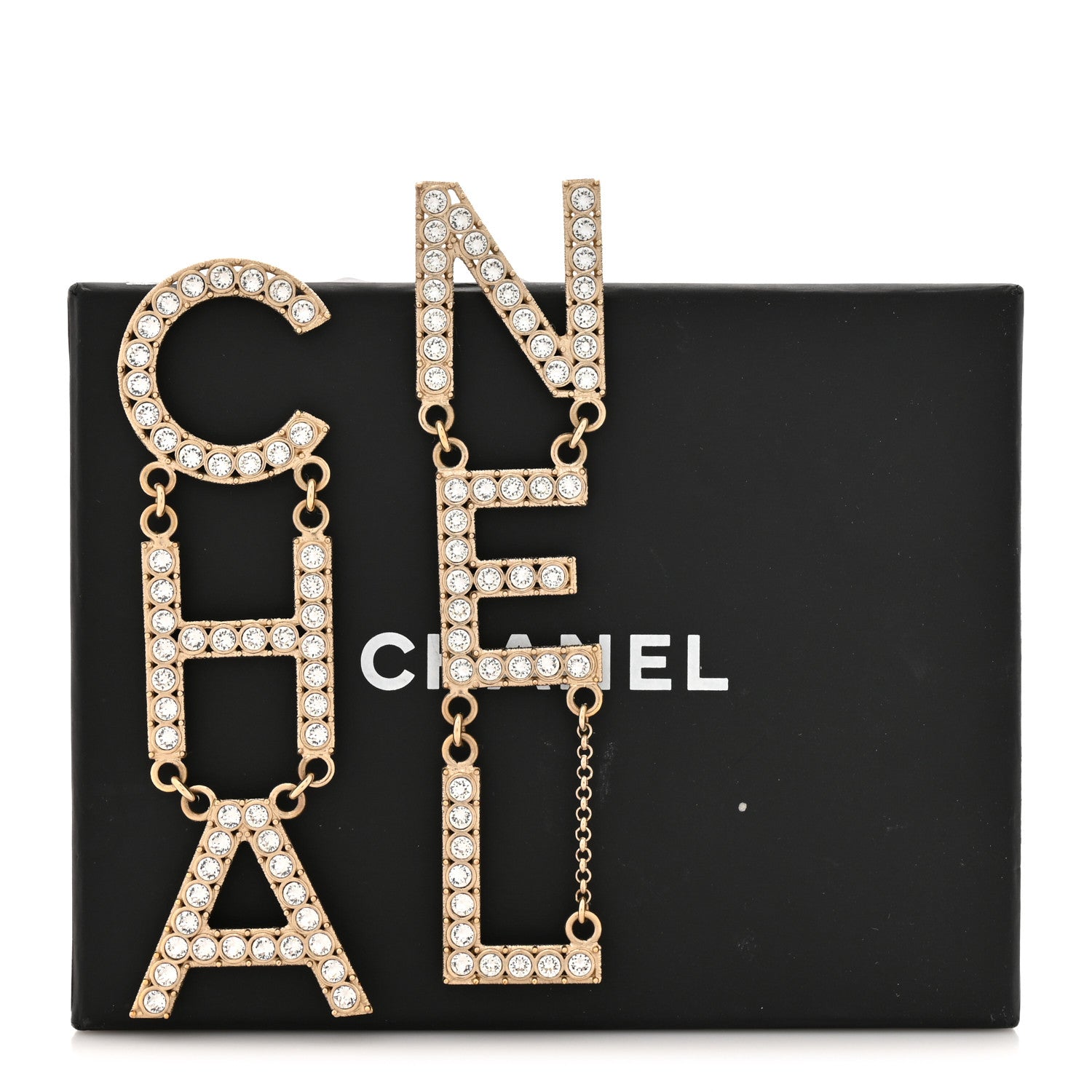 Crystal Cha-Nel Logo Drop Earrings Gold