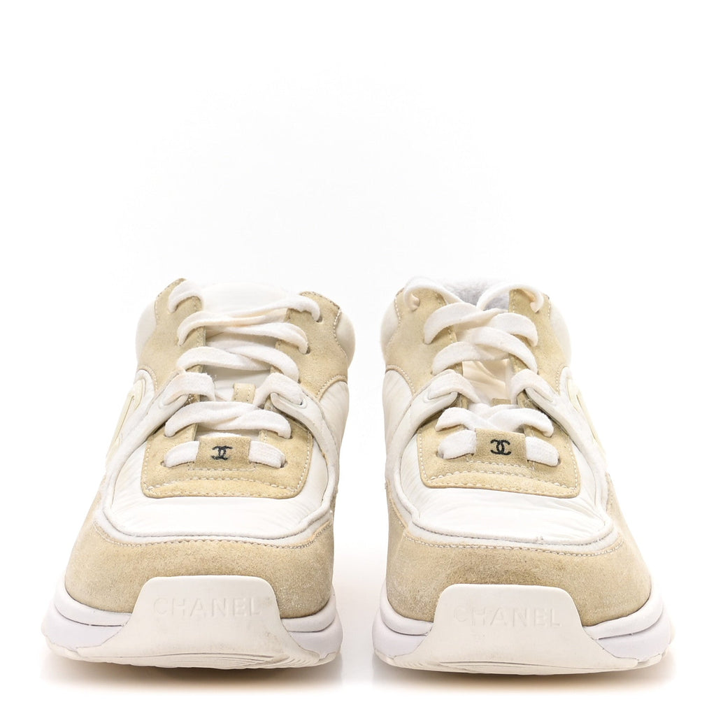 Chanel Suede Calfskin Fabric CC Sneakers 37.5 White