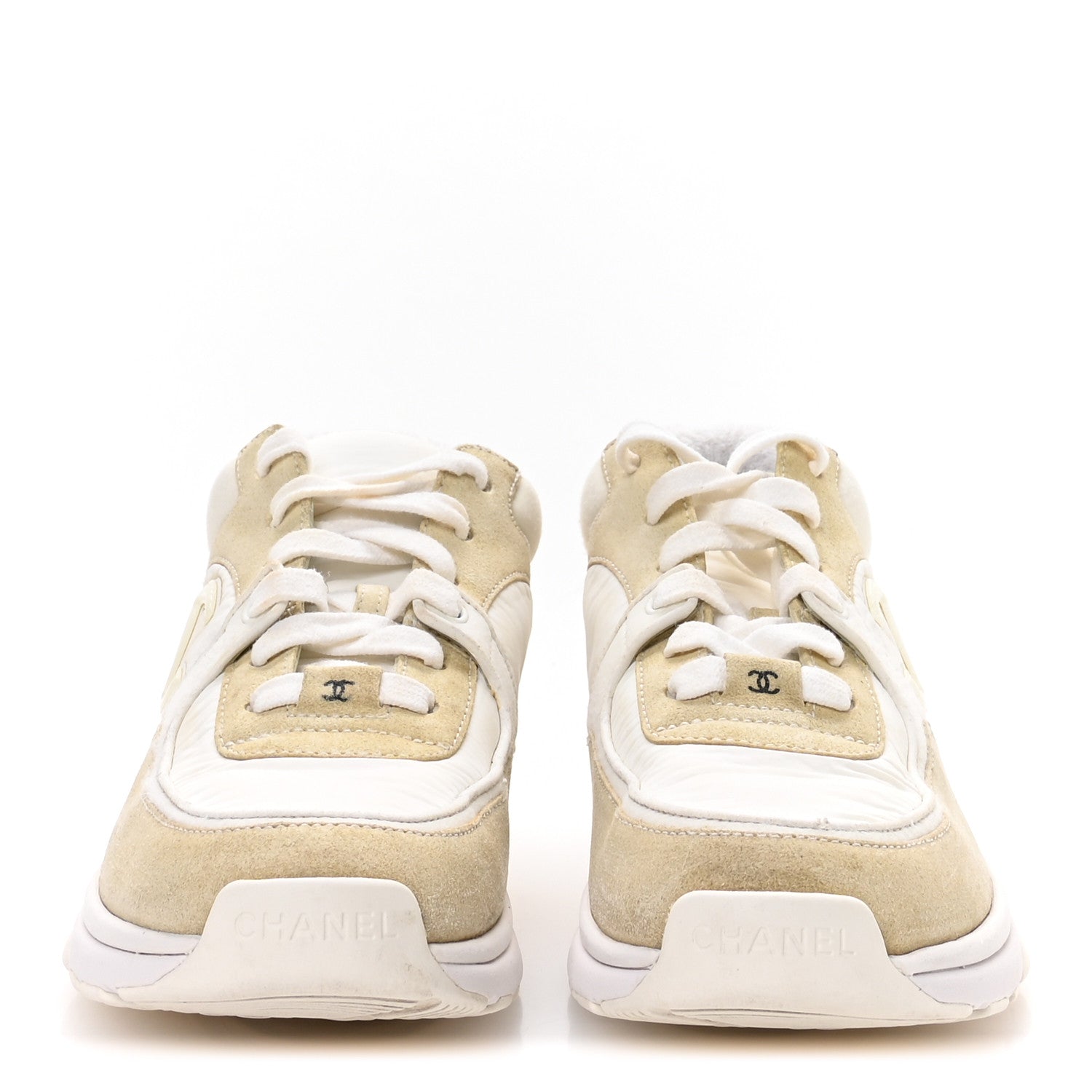 Chanel Suede Calfskin Fabric CC Sneakers 37.5 White