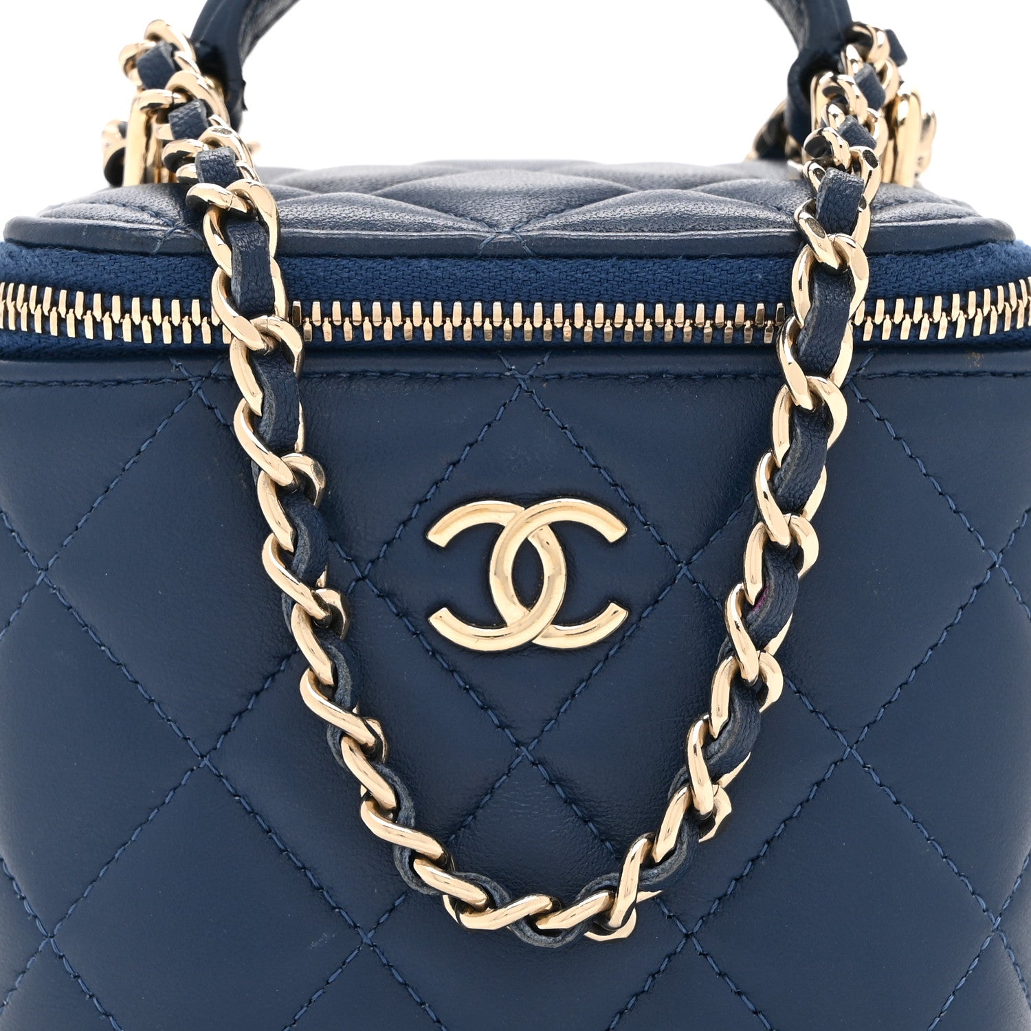 Chanel Lambskin Quilted Top Handle Mini Vanity Case With Chain Blue