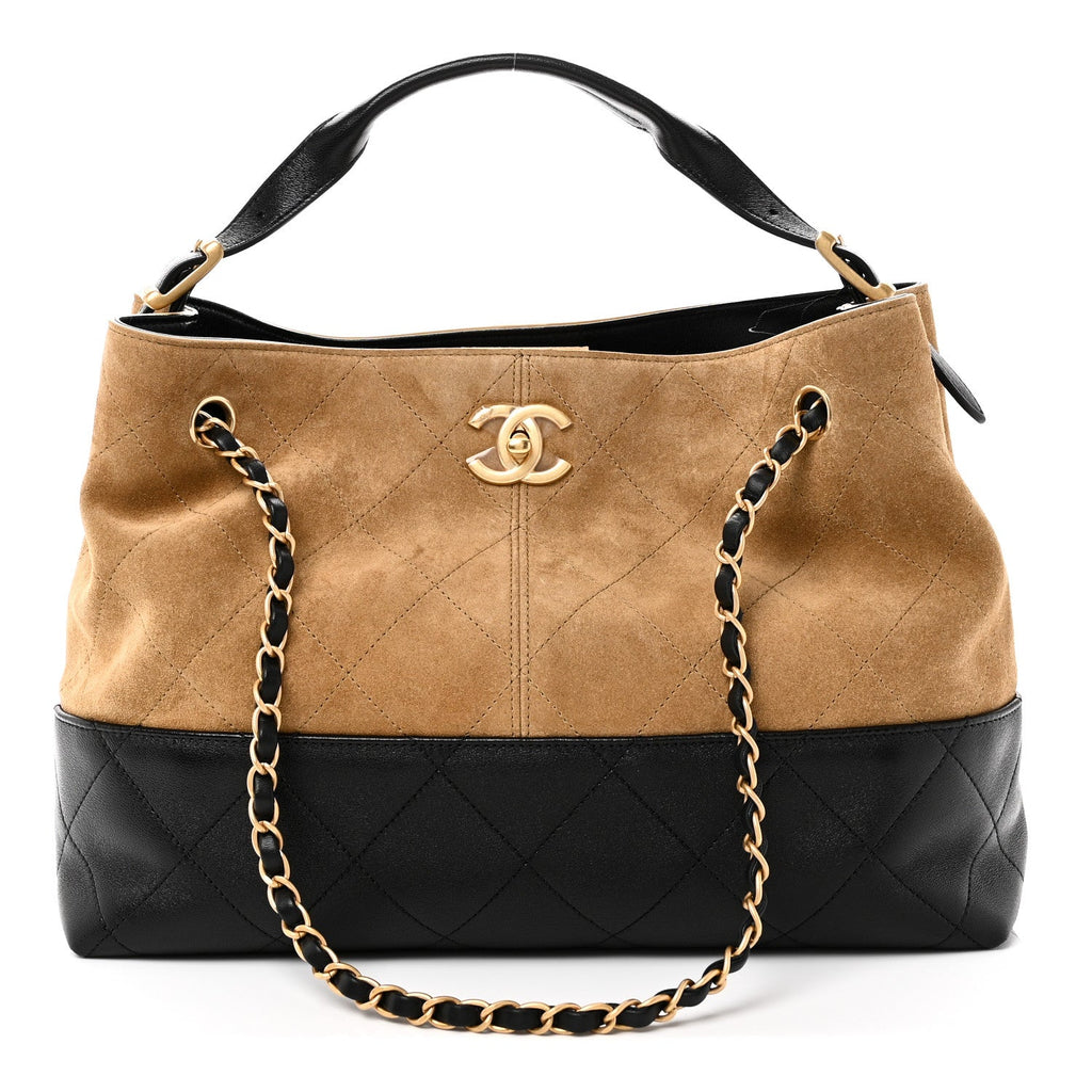 Chanel Suede Calfskin Shiny Lambskin Quilted Small Coco Base Shopping Bag Beige Black