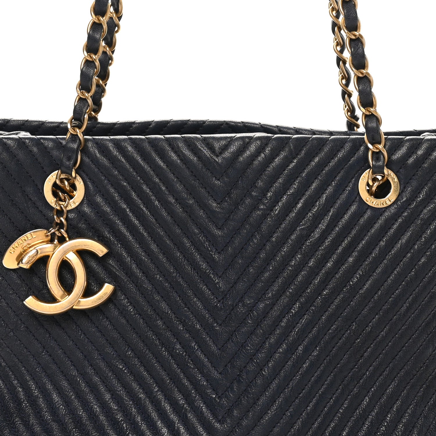 Chanel Wrinkled Lambskin Chevron Quilted Surpique Tote Navy Blue