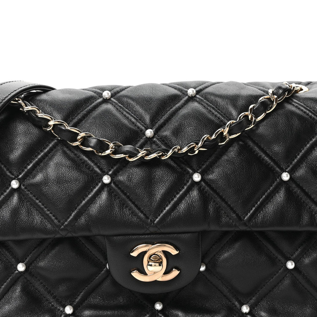 Chanel Lambskin Quilted Pearl Studded Flap Black