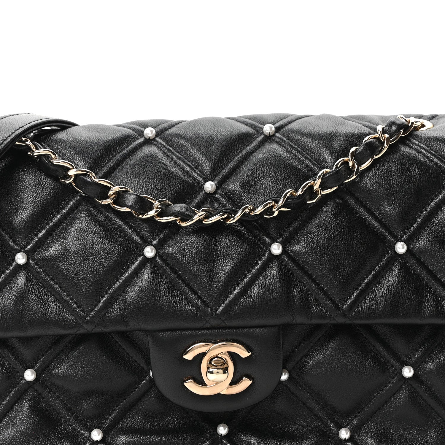Chanel Lambskin Quilted Pearl Studded Flap Black